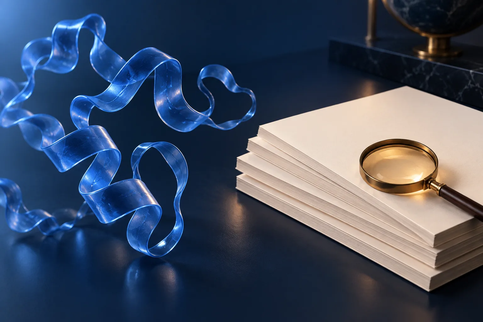 Conceptual peptide ribbon beside research documents and a magnifying lens