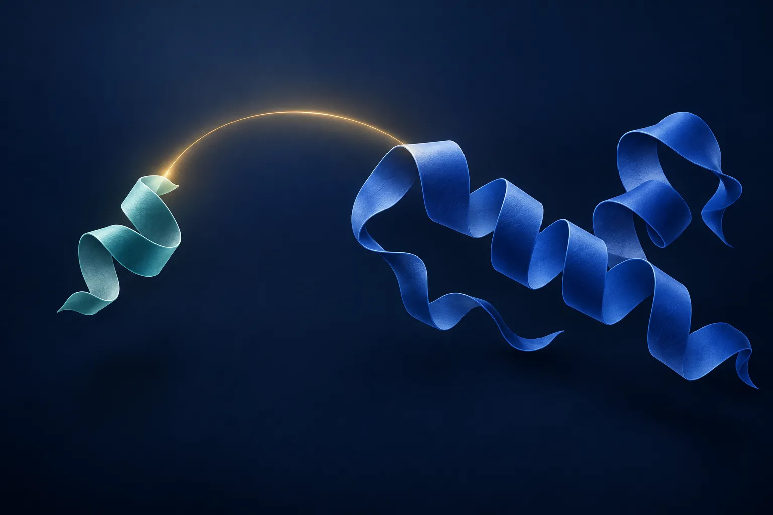 A short teal ribbon and longer blue ribbon separated to illustrate the distinction between a fragment and a full-length peptide