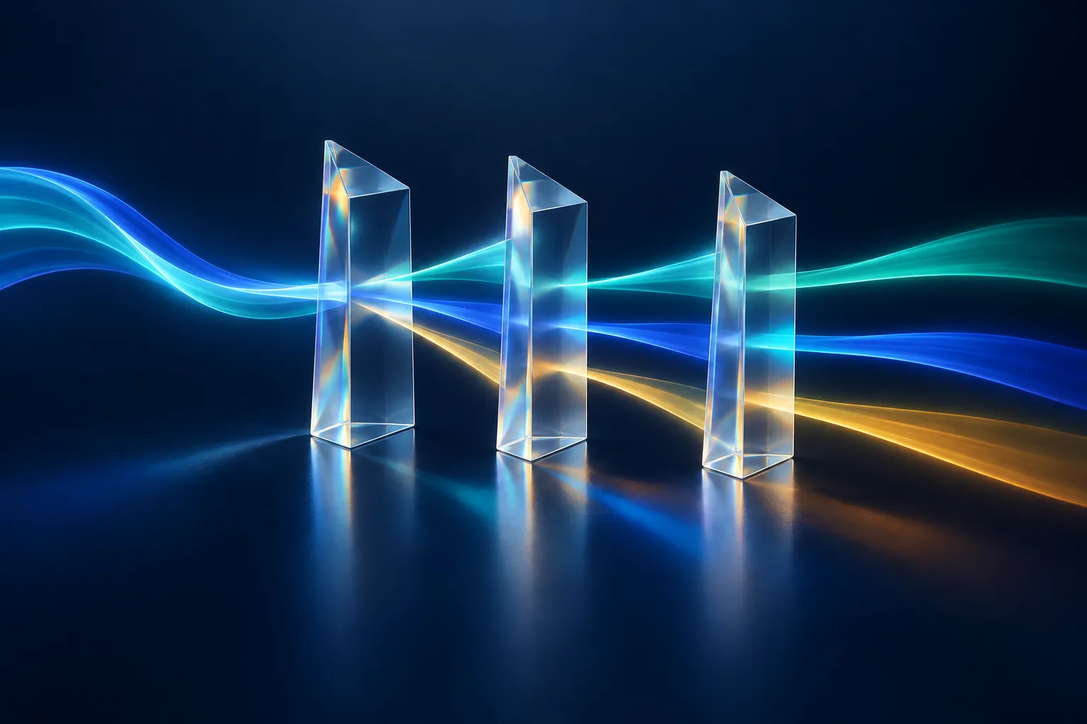 Glass prisms separating blue and teal light into distinct strands, illustrating different analytical measurements