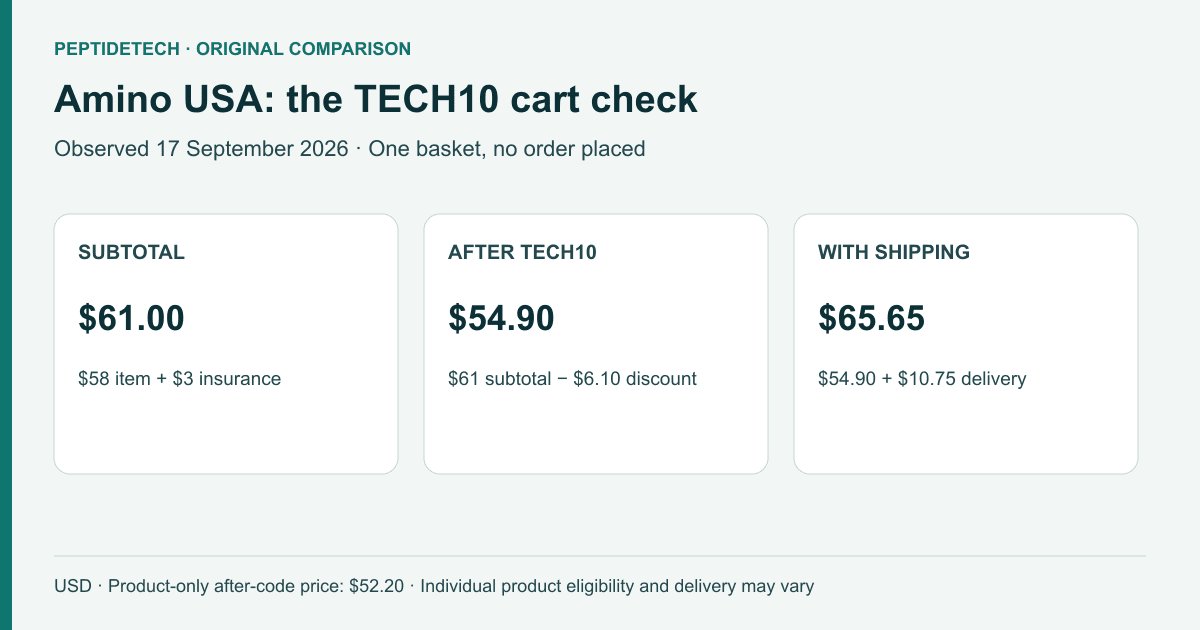 Amino USA test cart: $61 subtotal minus $6.10 TECH10 discount plus $10.75 shipping equals $65.65